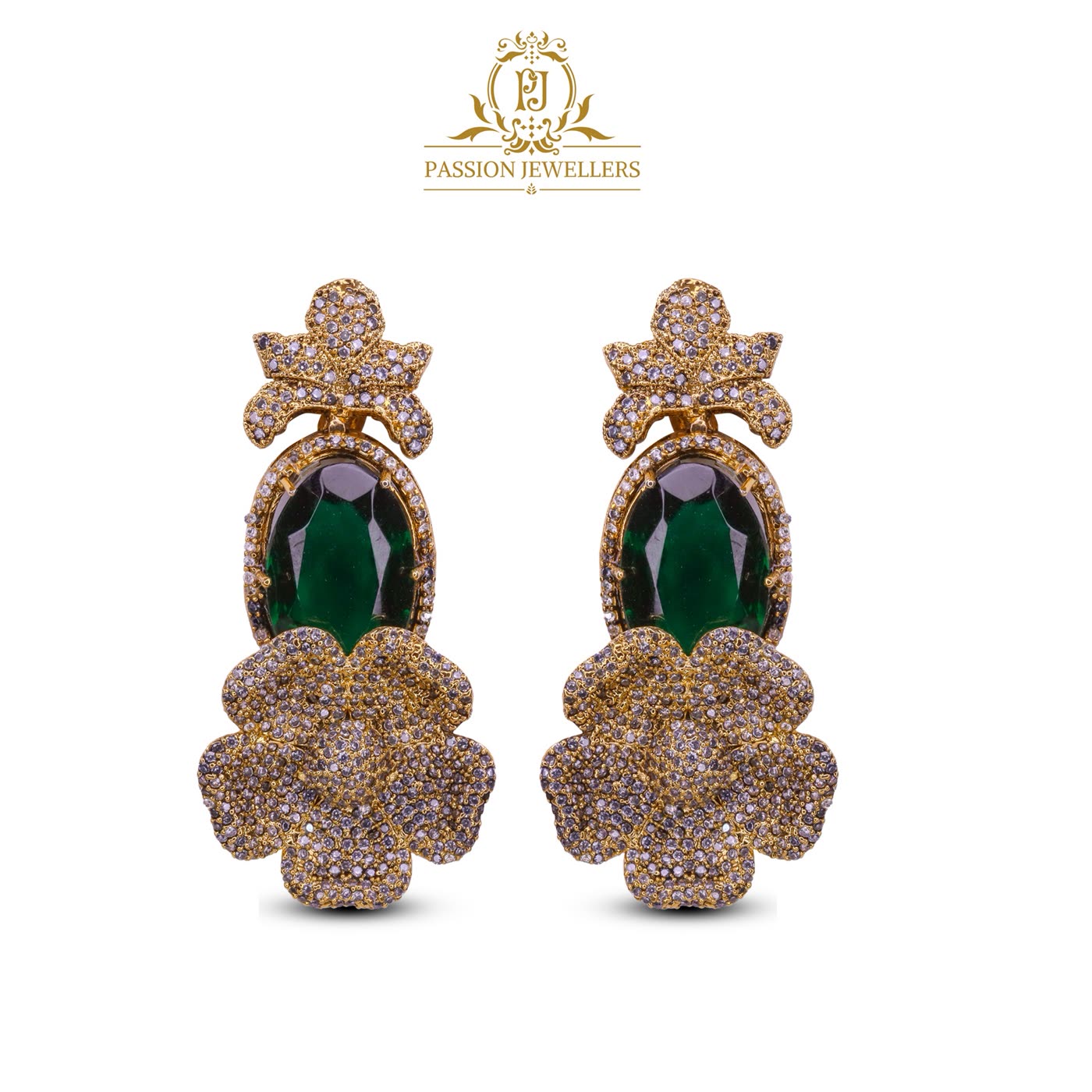 Passion Jewellers emerald drop earrings, worn as a pair
