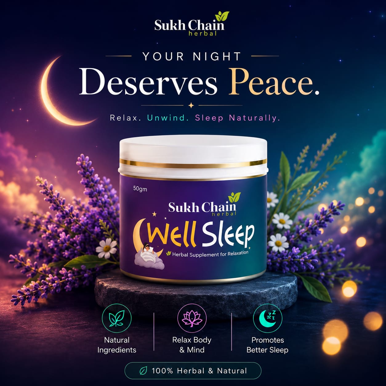 Sukh Chain Herbal Well Sleep supplement jar, styled with lavender and candlelight
