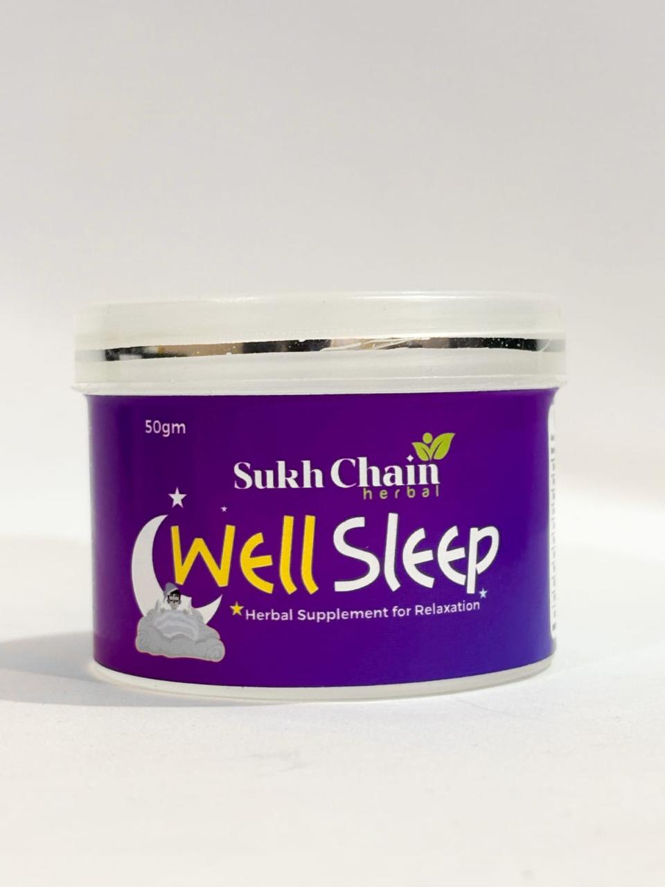 Sukh Chain Herbal Well Sleep jar, product photography on a plain background