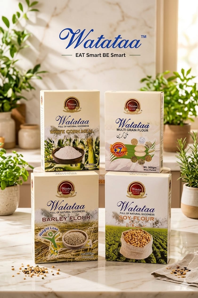 The Watataa flour range styled on marble with market greenery